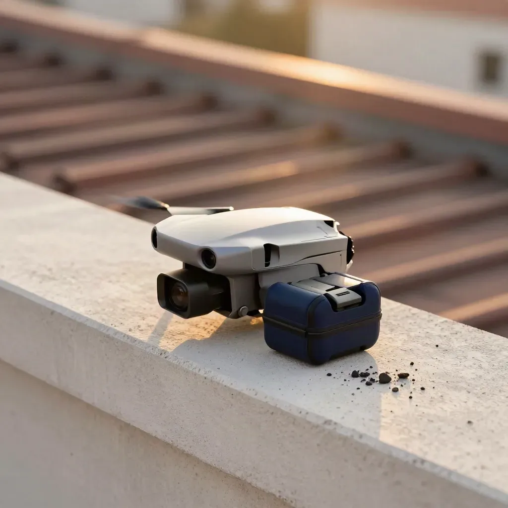 Thermal drone scan kit on a concrete ledge with battery case and roof gravel