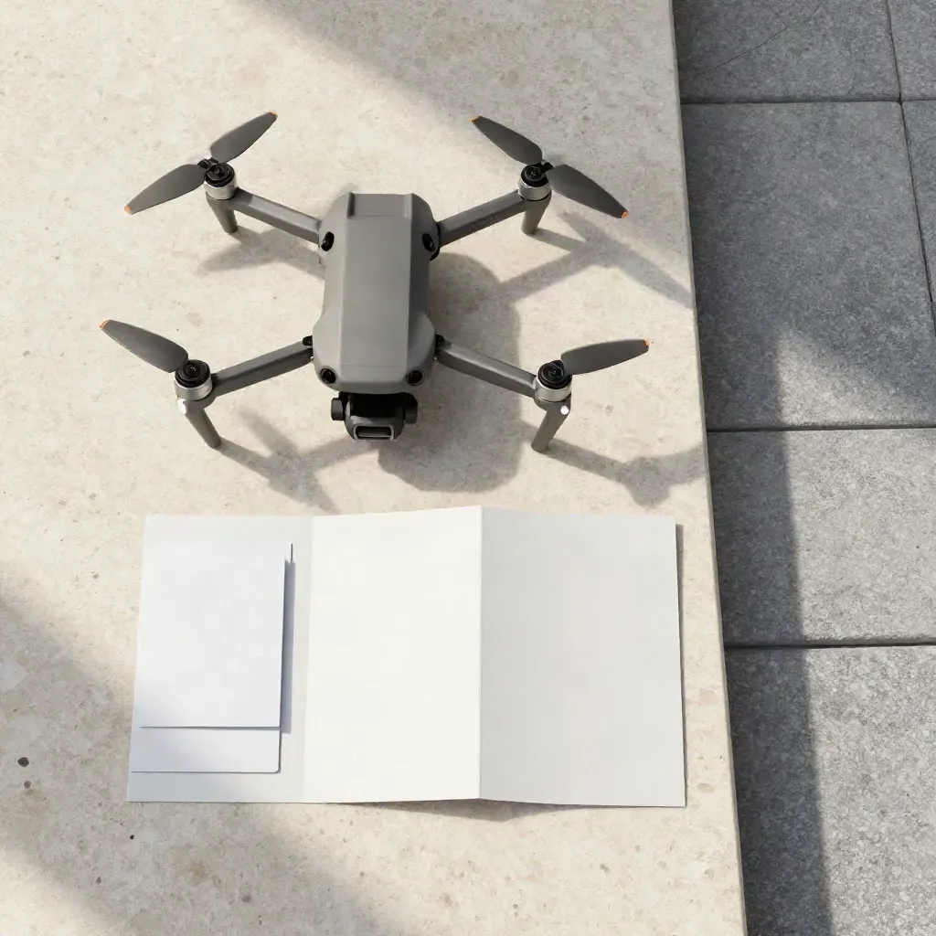 Overhead Dronify estate agent flyover kit on travertine with drone, disc, sleeve and site marker board.