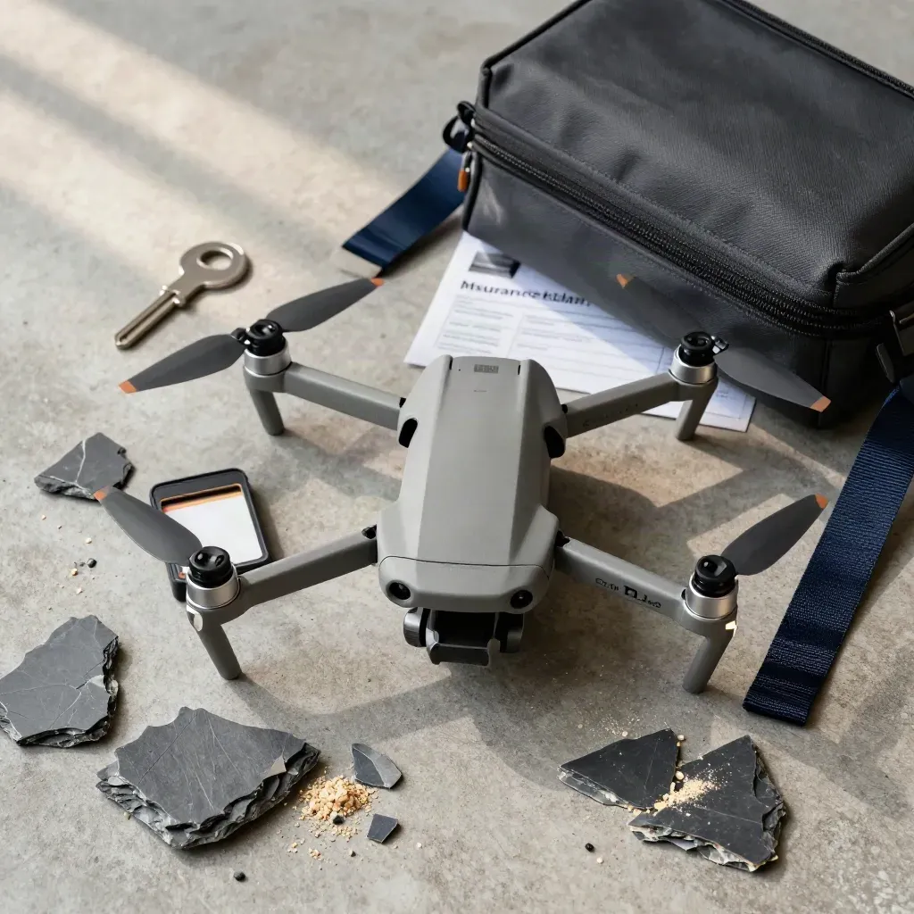 Overhead drone insurance claim pack with slate fragments and pouch on concrete