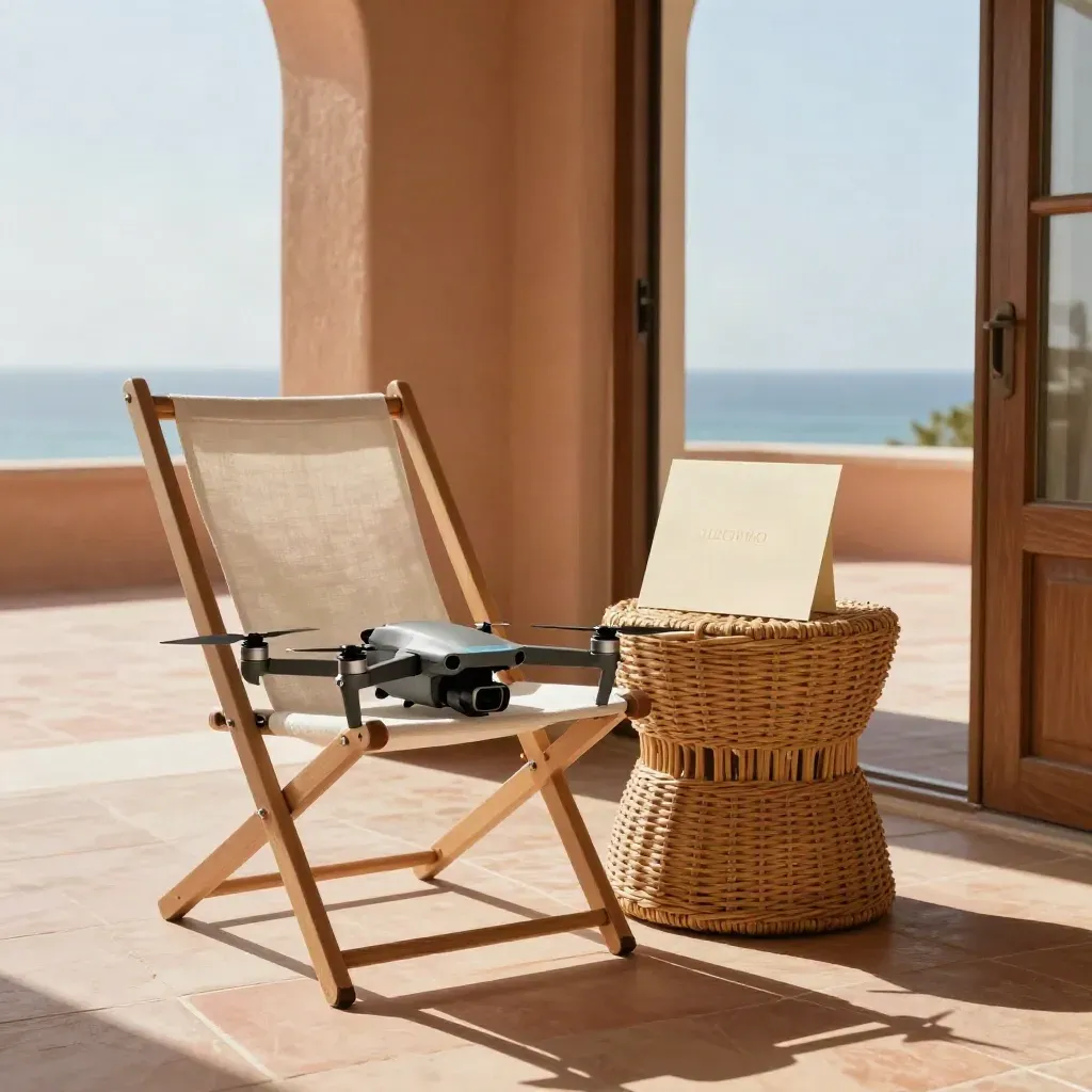 Compact drone beside chair and rattan table on a sunlit terrace, luxury holiday-let setup.