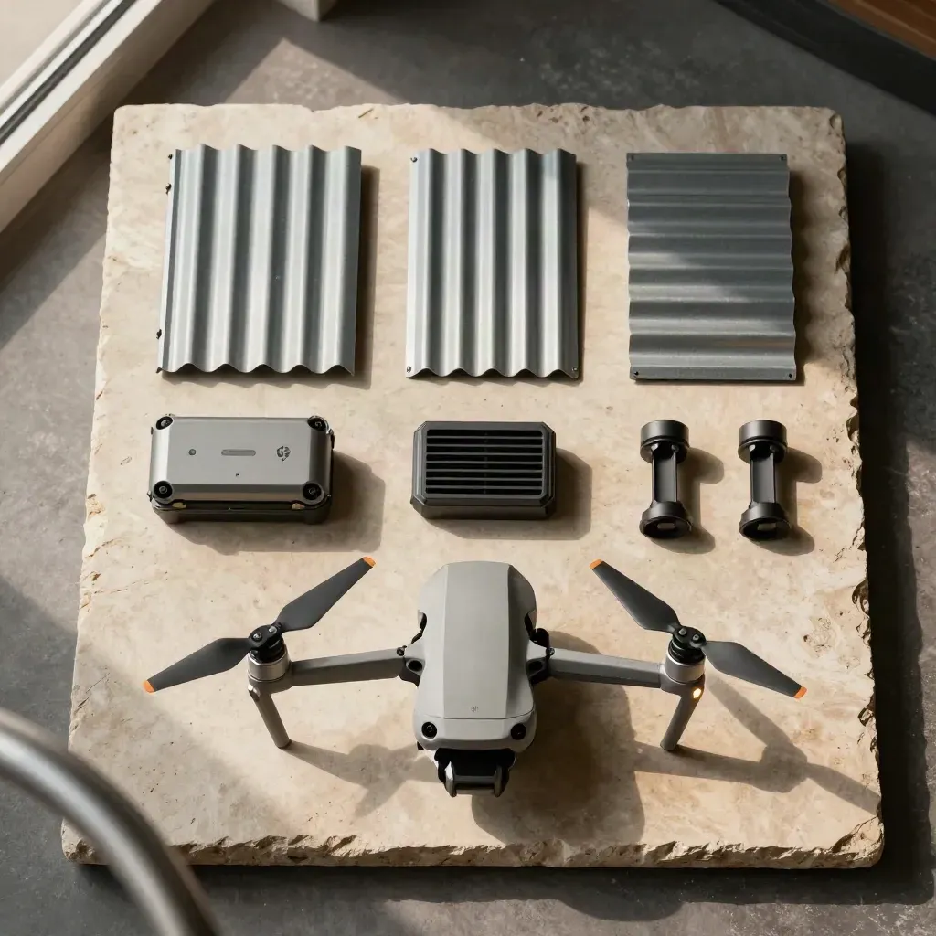 Flatlay of drone roof check kit with corrugated samples, battery case and roof vents on stone