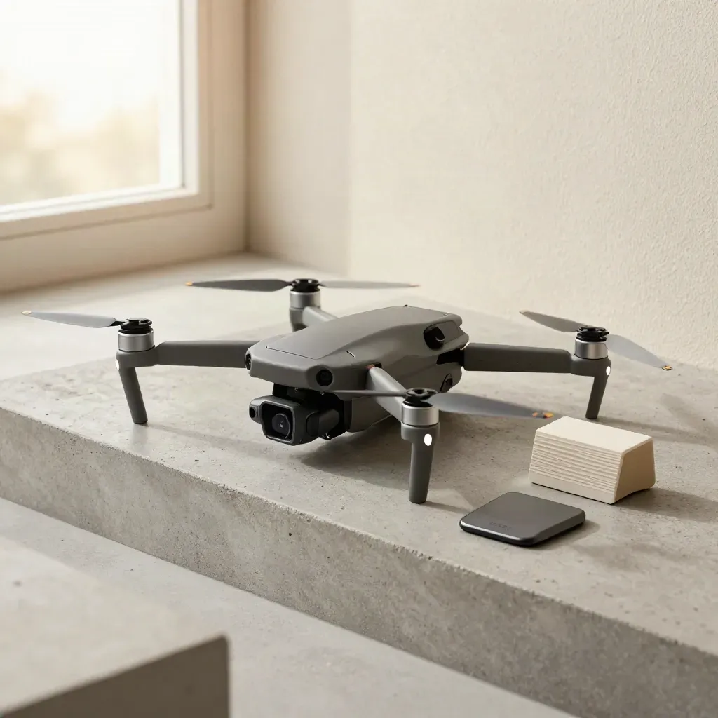 Compact drone kit beside a facade fragment on concrete, lit like a premium studio product hero.